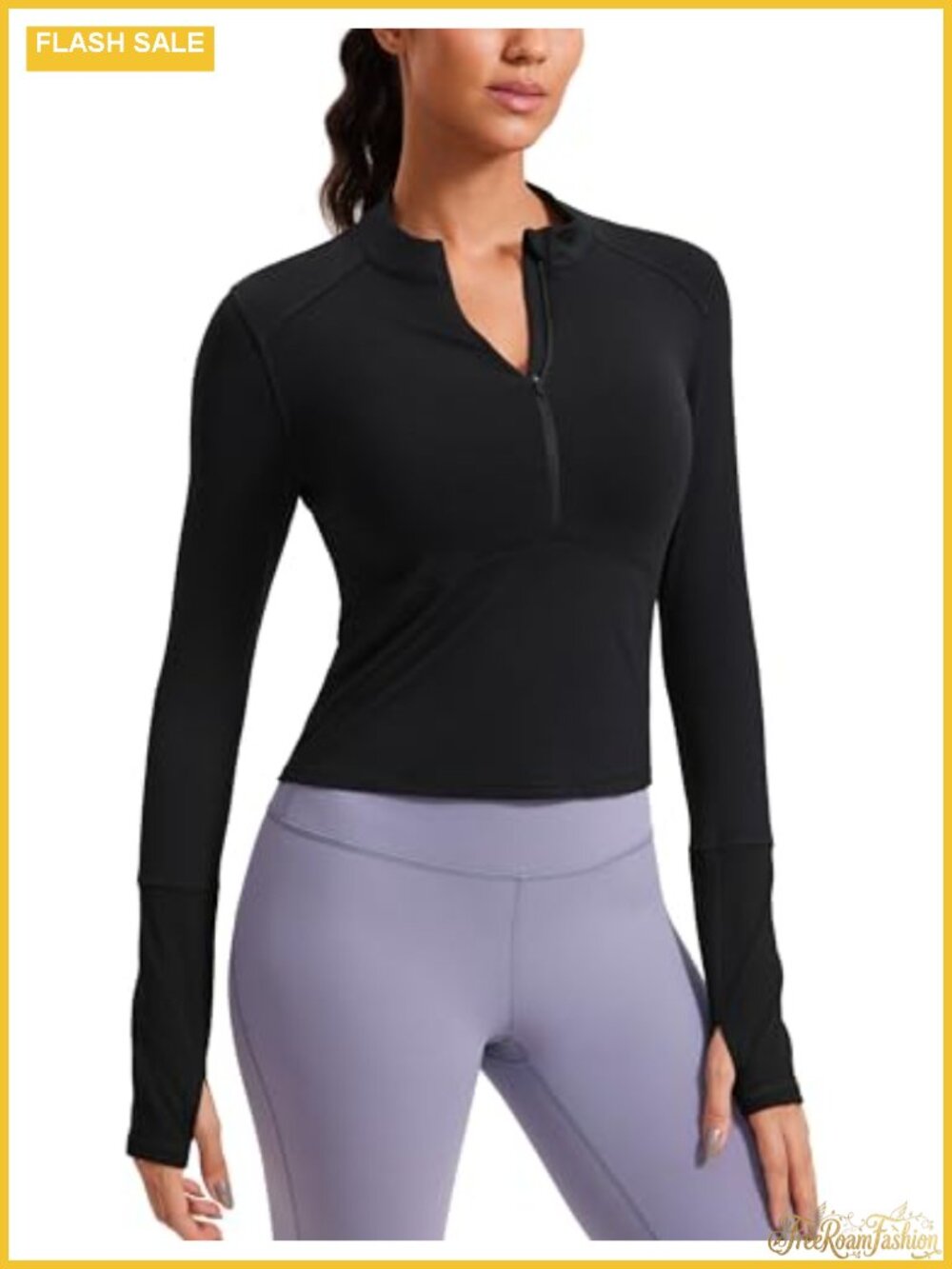 Brushed Half Zip Crop Top Long Sleeve Thumbholes Athletic